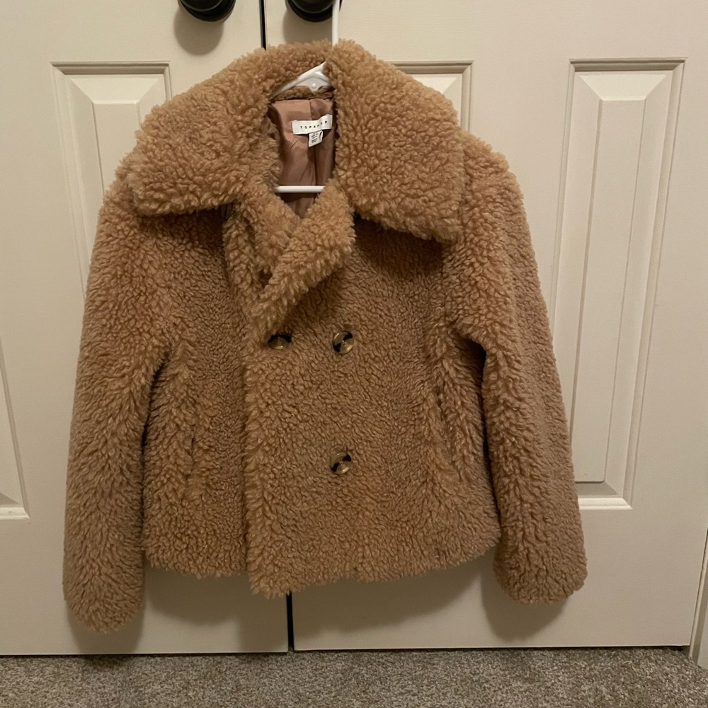 Topshop Camel Faux Shearling Double Breasted Crop Jacket